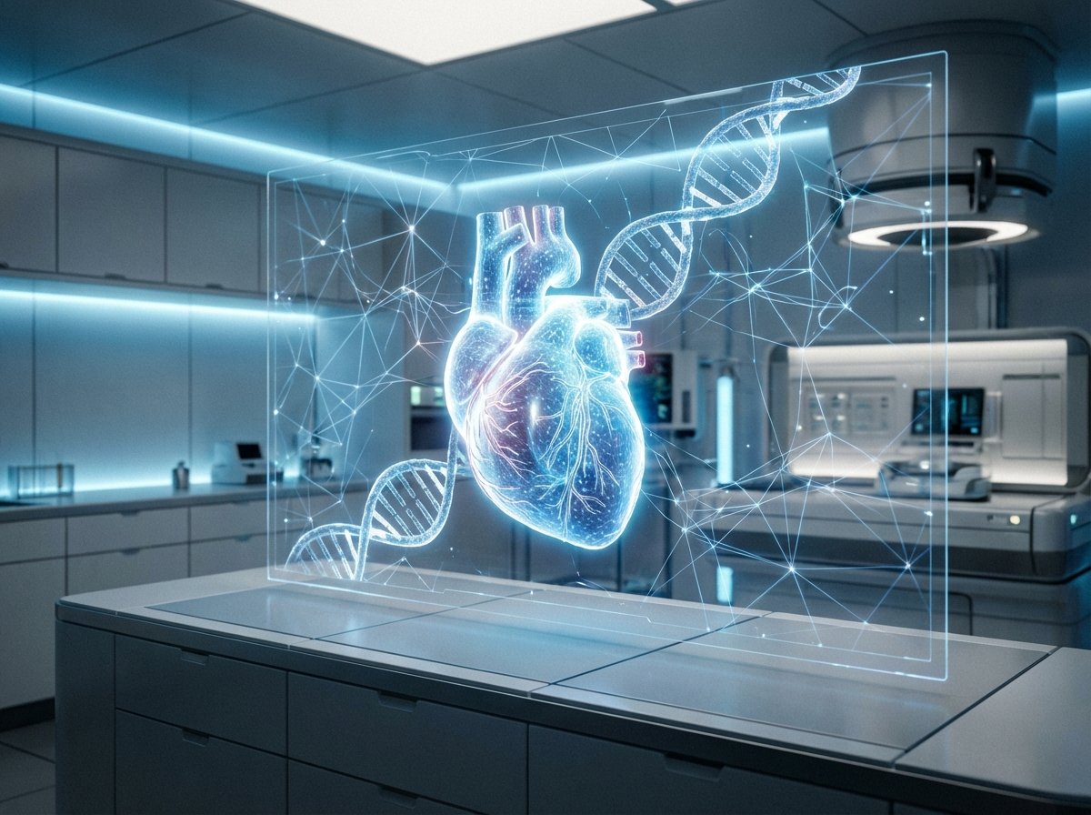 A futuristic medical technology concept showing a glowing digital human heart and DNA strands integrated with neural network lines. The background is a clean, modern laboratory setting with soft blue and white lighting. High contrast, professional cinematic lighting, 4:3 aspect ratio, no visible text.