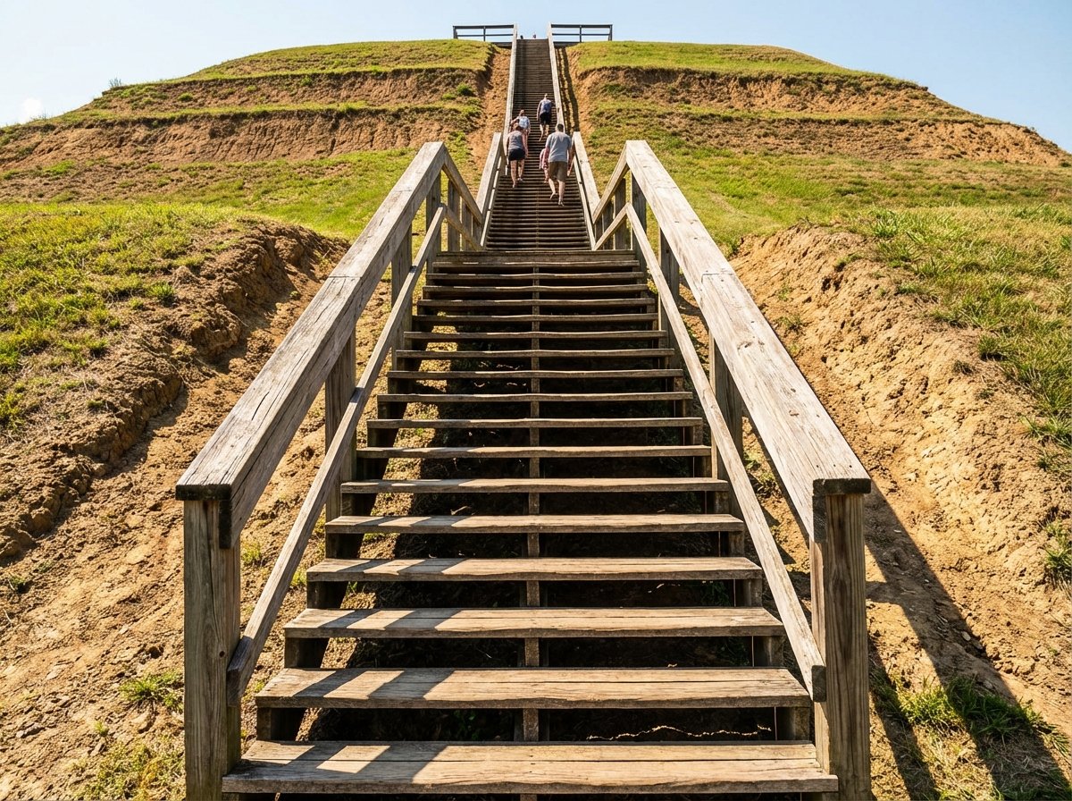 Close-up of Monk's Mound in Cahokia, steep wooden stairs leading to the flat top of a massive earthen mound, bright daylight, realistic photography, 4:3 aspect ratio, no text.