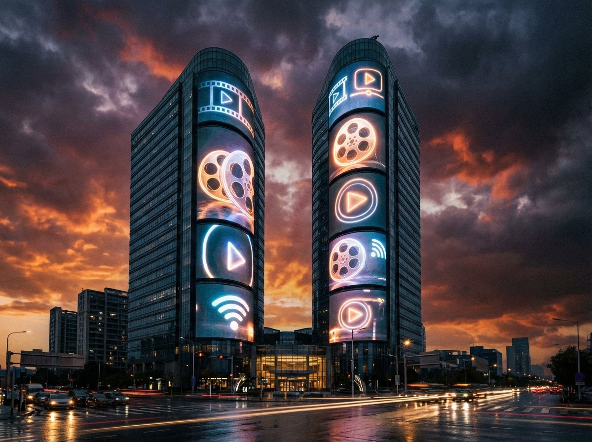 Two modern high-rise buildings representing media corporations with digital screens showing film reels and streaming icons, dramatic sky in the background, cinematic atmosphere, 4:3 aspect ratio, no text