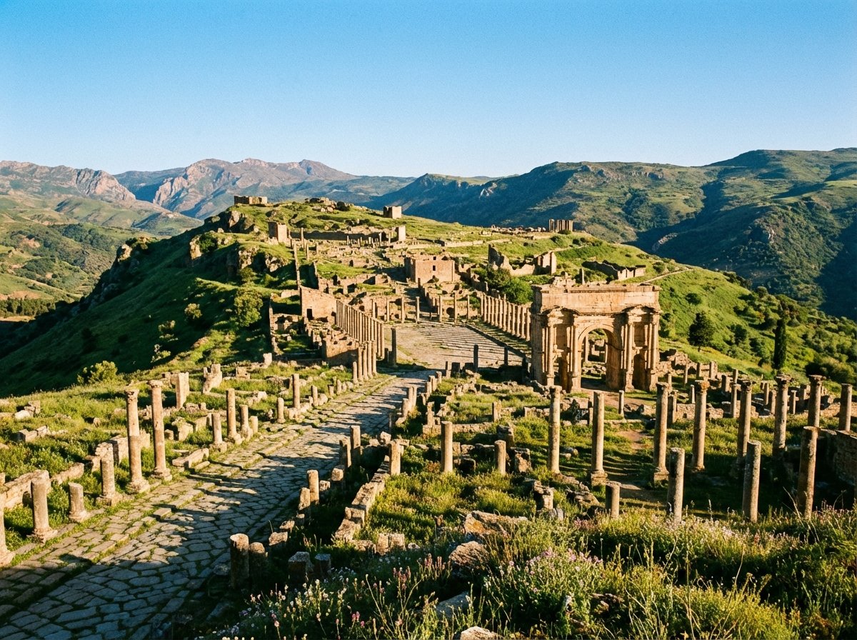 A wide-angle landscape shot of the ancient Roman ruins of Djemila in Algeria. The ruins are situated on a verdant mountain ridge under a clear blue sky. Visible structures include stone columns, archways, and paved streets reflecting classical Roman urban planning. High contrast, warm natural lighting, detailed stone textures. 4:3 aspect ratio, no text.