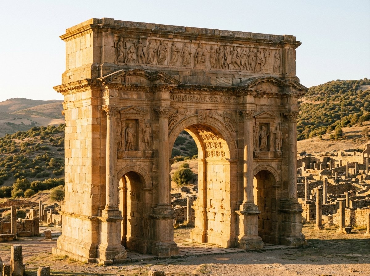 A detailed view of the Arch of Caracalla at the Djemila archaeological site. The arch stands prominently against a backdrop of rolling hills and other Roman ruins. The masonry is well-preserved with intricate carvings. Golden hour lighting casting soft shadows. 4:3 aspect ratio, no text.