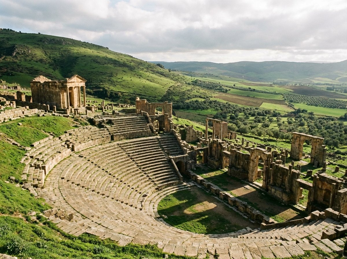 An ancient Roman theater in Djemila, Algeria, built into the side of a green hill. The semi-circular stone seating tiers are well-preserved, overlooking the surrounding ruins and valley. Cinematic lighting, historical atmosphere, artistic rendering. 4:3 aspect ratio, no text.