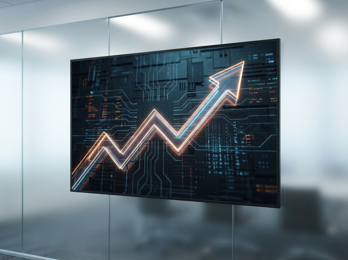 A sleek digital visualization of a rising financial graph overlaying a tech background with circuit patterns, soft orange and blue lighting, professional and corporate aesthetic, 4:3 aspect ratio, no text.