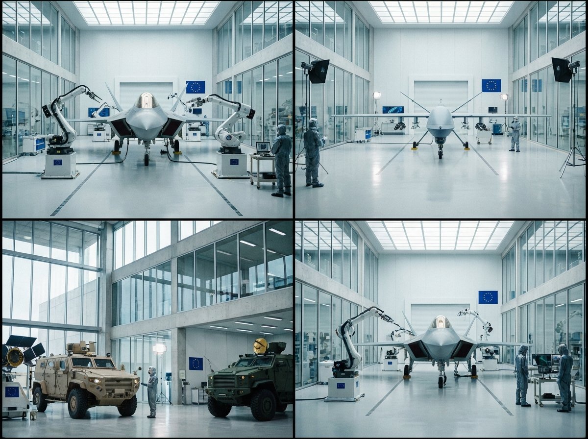 A high-tech European defense manufacturing facility showing advanced military equipment and aerospace technology in a modern clean environment, cinematic lighting, 4:3 aspect ratio, no text.