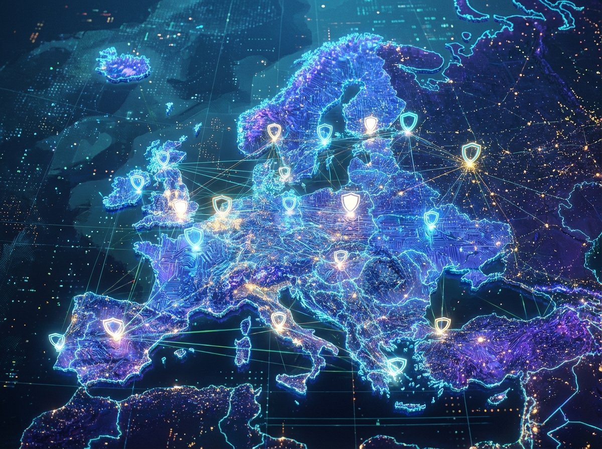 Abstract representation of a digital European map with glowing shield icons and defense network lines, futuristic and professional style, textured background, 4:3 aspect ratio, no text.