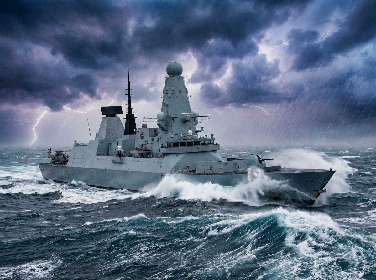 A sophisticated European naval warship sailing on rough seas under a dramatic sky, detailed composition, realistic style, 4:3 aspect ratio, no text.