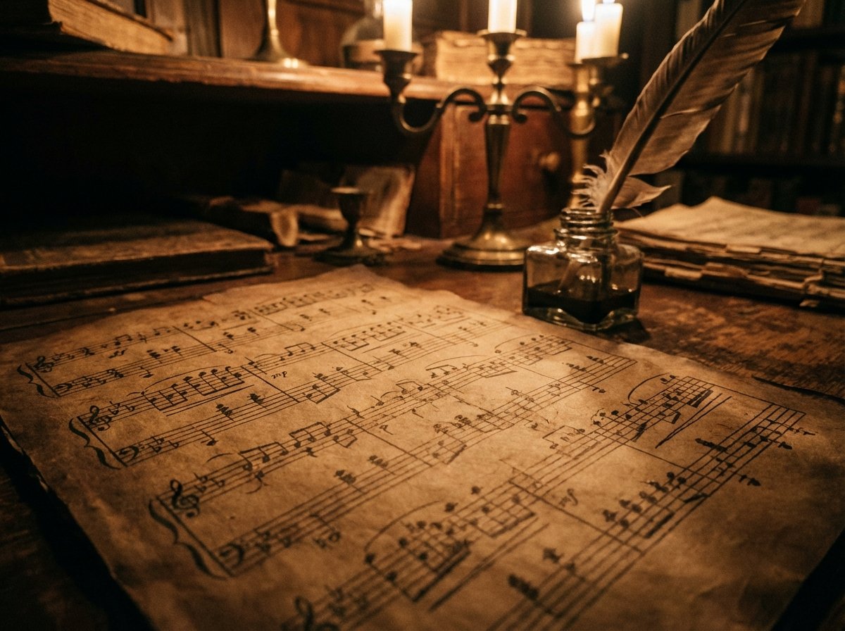 Close up of a vintage music manuscript with complex, handwritten musical notes, an inkwell and feather pen, warm candlelight, textured paper background, historical atmosphere, 4:3 ratio, no text.
