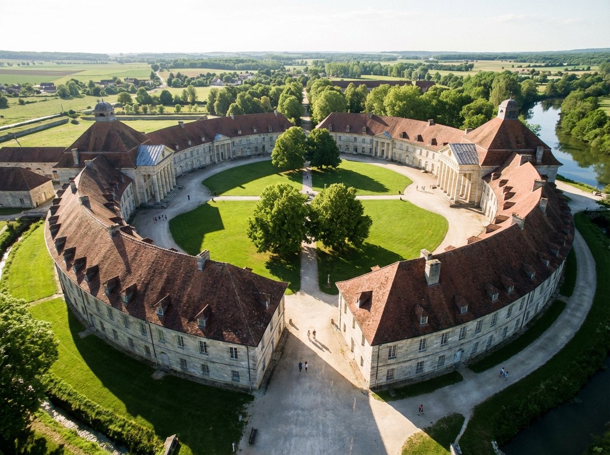 A panoramic view of the Royal Saltworks at Arc-et-Senans in France, a UNESCO World Heritage site. The architecture is semi-circular, designed by Claude-Nicolas Ledoux. Sunny day with lush green grass in the courtyard, 4:3 aspect ratio, cinematic lighting, no text.