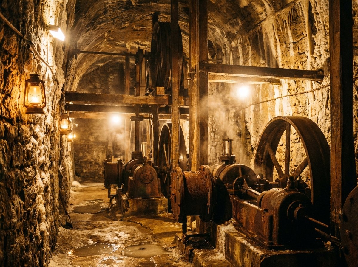 Interior of the underground brine extraction gallery at Salins-les-Bains. Old wooden and iron machinery, stone walls, dim atmospheric lighting with golden lanterns, historic industrial heritage, 4:3 aspect ratio, no text.