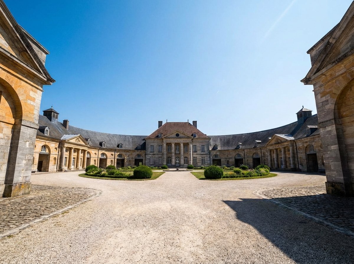 Symmetrical architectural view of the Royal Saltworks at Arc-et-Senans. Neo-classical stone buildings forming a semi-circle under a clear blue sky, wide angle, professional photography, high contrast, 4:3 aspect ratio, no text.