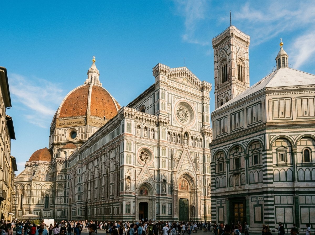 A panoramic view of the Florence Cathedral Santa Maria del Fiore with its iconic red dome designed by Brunelleschi, sunlight hitting the marble facade, clear blue sky in the background, high quality photography, 4:3 aspect ratio, no text.
