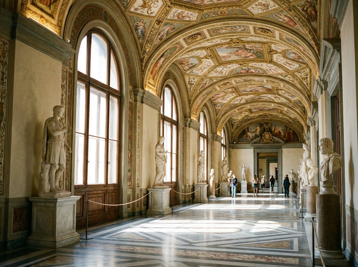 Interior of the Uffizi Gallery in Florence showing a long corridor with ornate ceilings, classical white marble statues lined up, sunlight streaming through large windows, Renaissance architectural details, professional museum photography, 4:3 aspect ratio, no text.