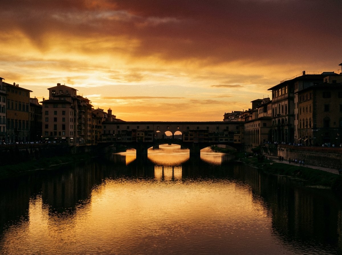 Sunset over the Arno River in Florence with the Ponte Vecchio bridge reflecting in the water, warm golden hour lighting, silhouette of historical buildings, artistic and peaceful atmosphere, high resolution, 4:3 aspect ratio, no text.