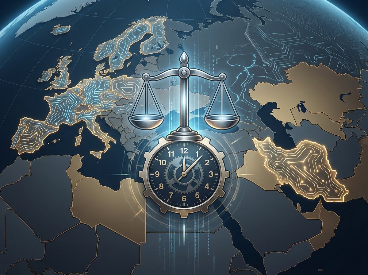 A professional digital illustration of a geopolitical map focusing on Iran and Europe, symbolic representation of scales of justice and a clock showing final minutes, modern layout, high contrast, aspect ratio 4:3, no text