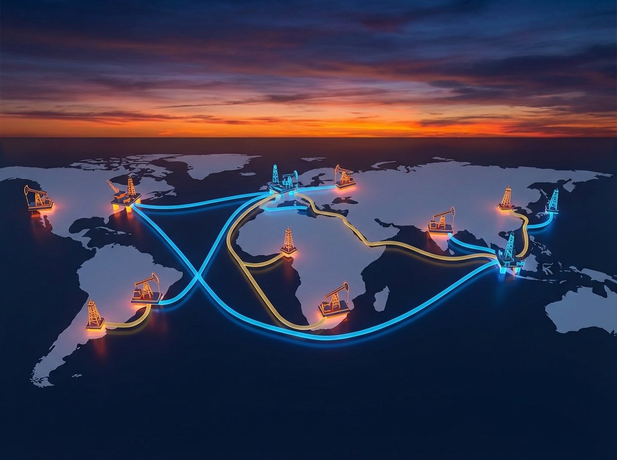 Clean infographic style image of oil rigs at sunset, glowing lines connecting global trade routes, modern and high contrast, aspect ratio 4:3, no text