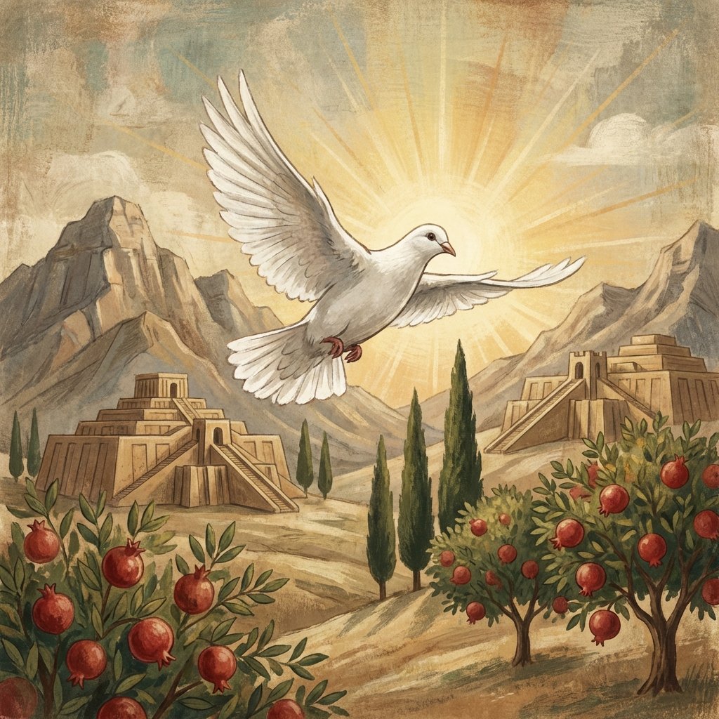 Artistic rendering of a white dove flying over a stylized Iranian landscape, textured background, hopeful lighting, 1:1 aspect ratio, no text