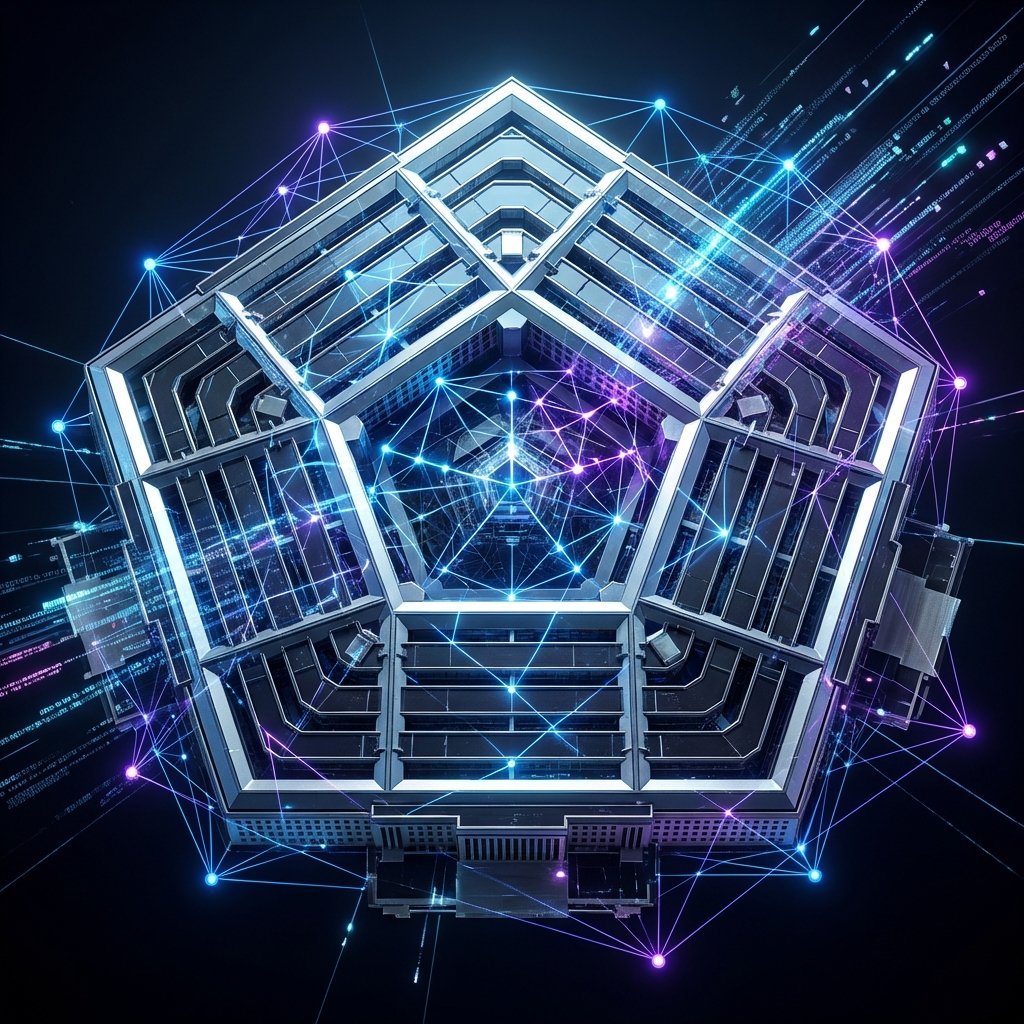 A futuristic representation of the Pentagon building with glowing neural network lines overlaying it, representing AI integration, professional digital art style, high contrast, 1:1 aspect ratio, no text.