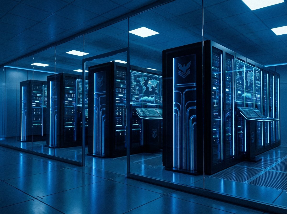 A highly detailed realistic photo of a futuristic military server room with blue ambient lighting and holographic interfaces, clean and modern technology aesthetic, 4:3 aspect ratio, no text.