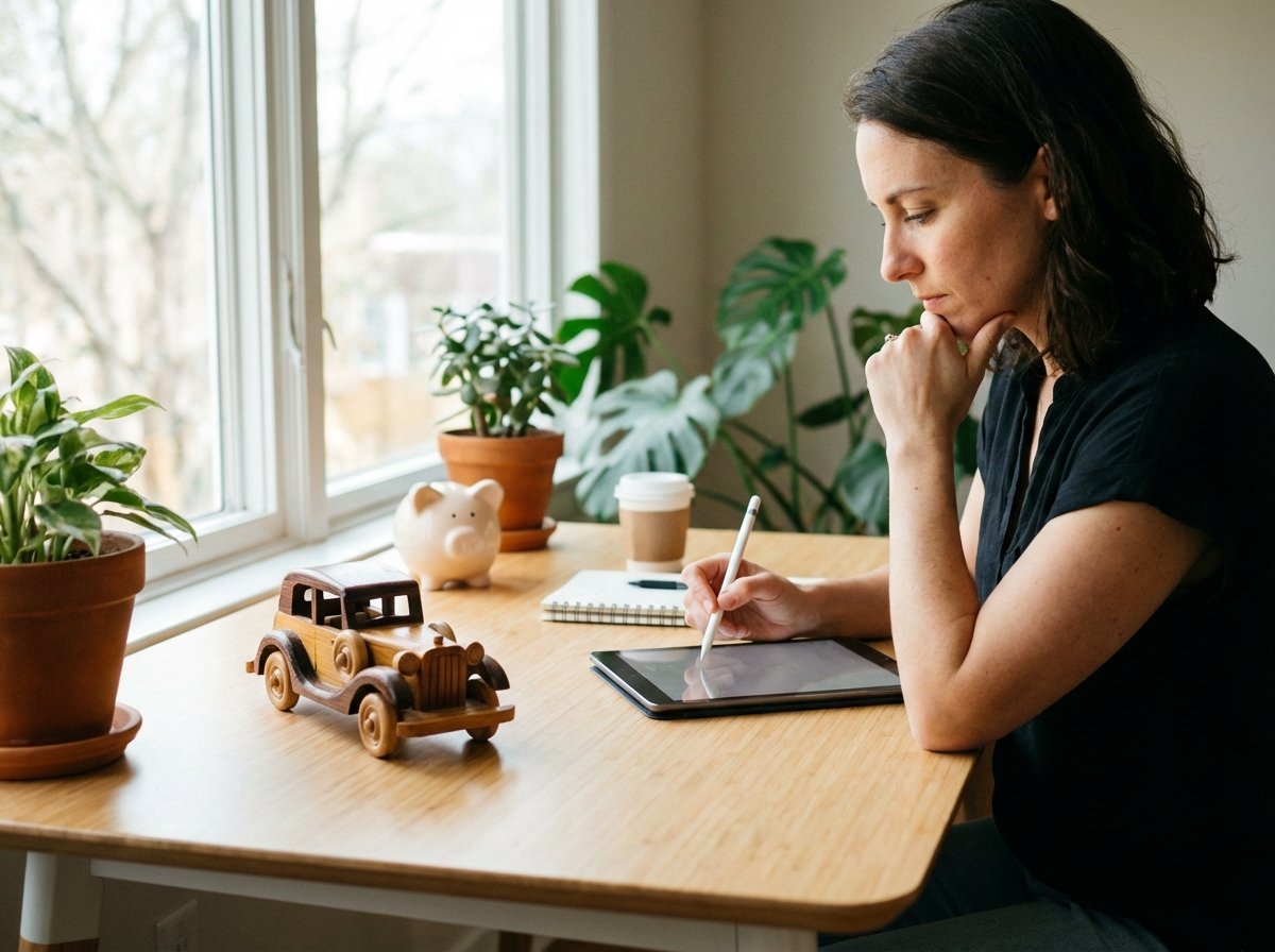 A professional person sitting at a clean desk planning a budget on a tablet. A small model car and a piggy bank are nearby. Warm lifestyle photography, natural lighting, 4:3 aspect ratio, no text.