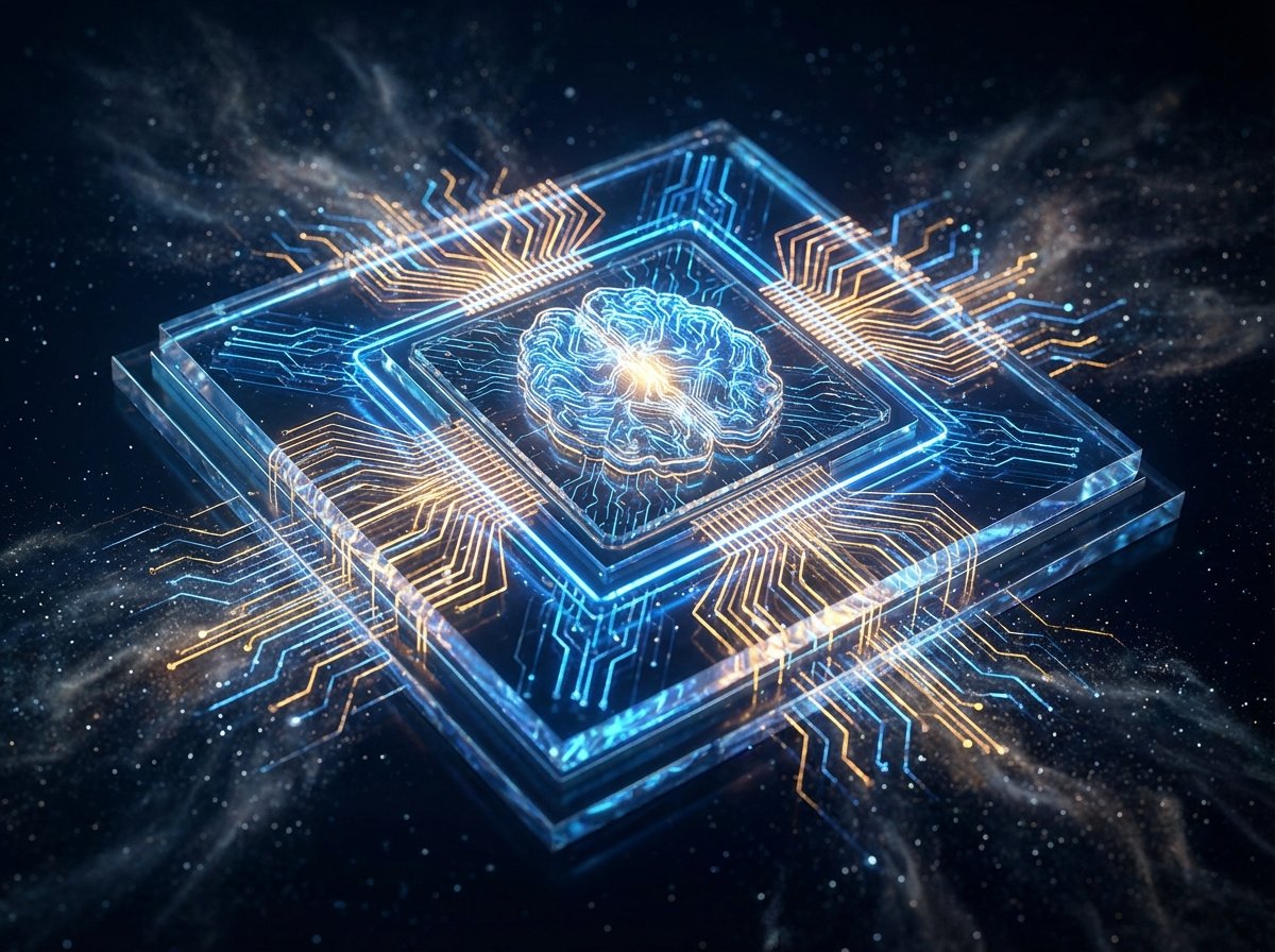 A futuristic semiconductor chip with glowing blue and gold circuits, symbolizing artificial intelligence and high-speed data processing, dark background with subtle light particles, 4:3, no visible text