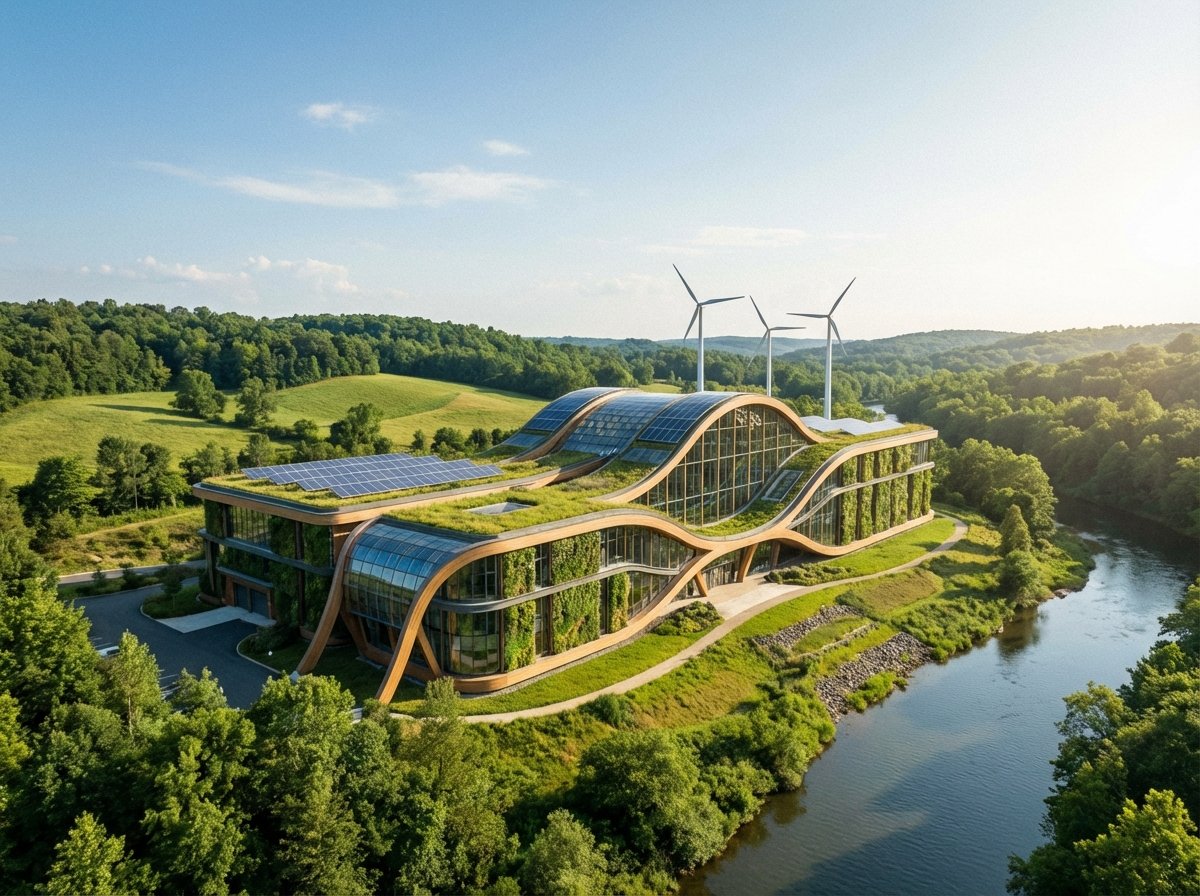 A futuristic and eco-friendly data center integrated into a lush Virginia landscape, sunny day, modern architecture with glass and steel, high contrast, professional photography, 4:3, no text
