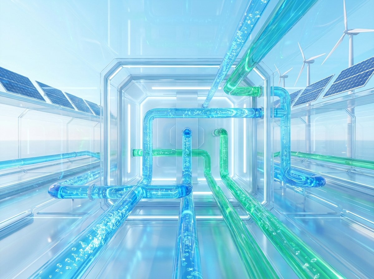 A clean high-tech cooling system showing pure water flowing through pipes, conceptual illustration, sustainable energy theme, bright lighting, blue and green tones, 4:3, no text
