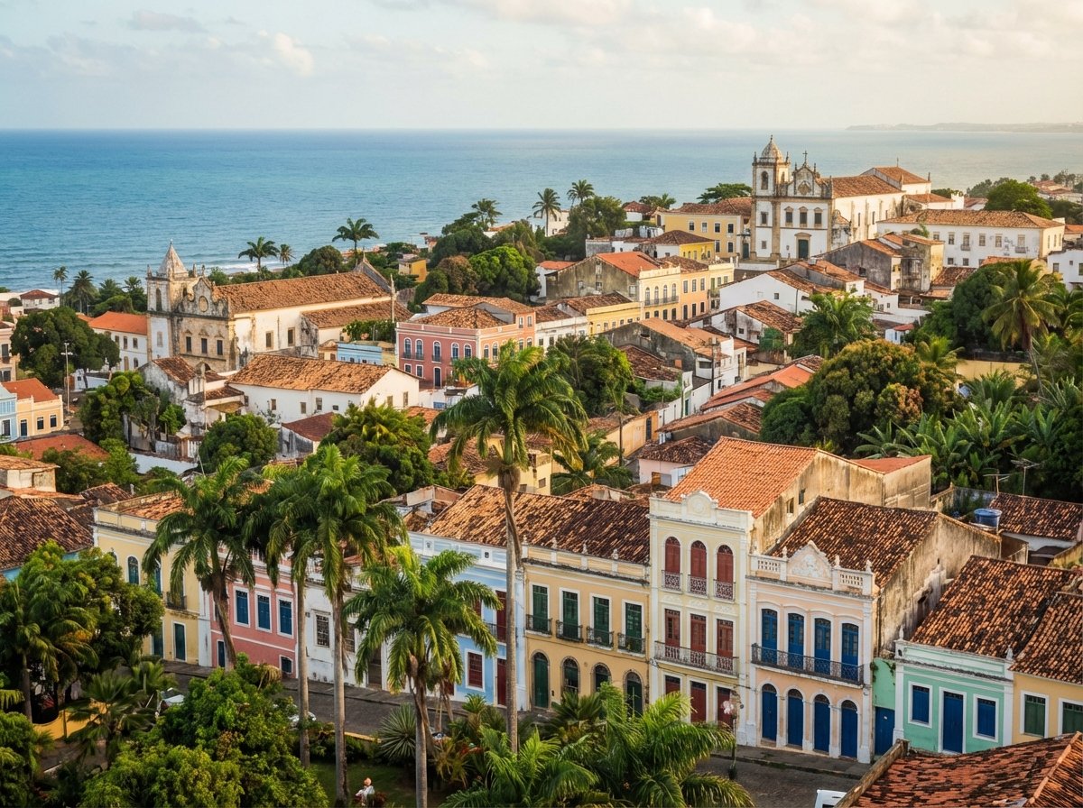 A breathtaking panoramic view of the Historic Centre of Olinda in Brazil, featuring colorful colonial houses with terracotta roofs, lush green palm trees, and the blue Atlantic Ocean in the distance, soft daylight, artistic rendering style, 4:3