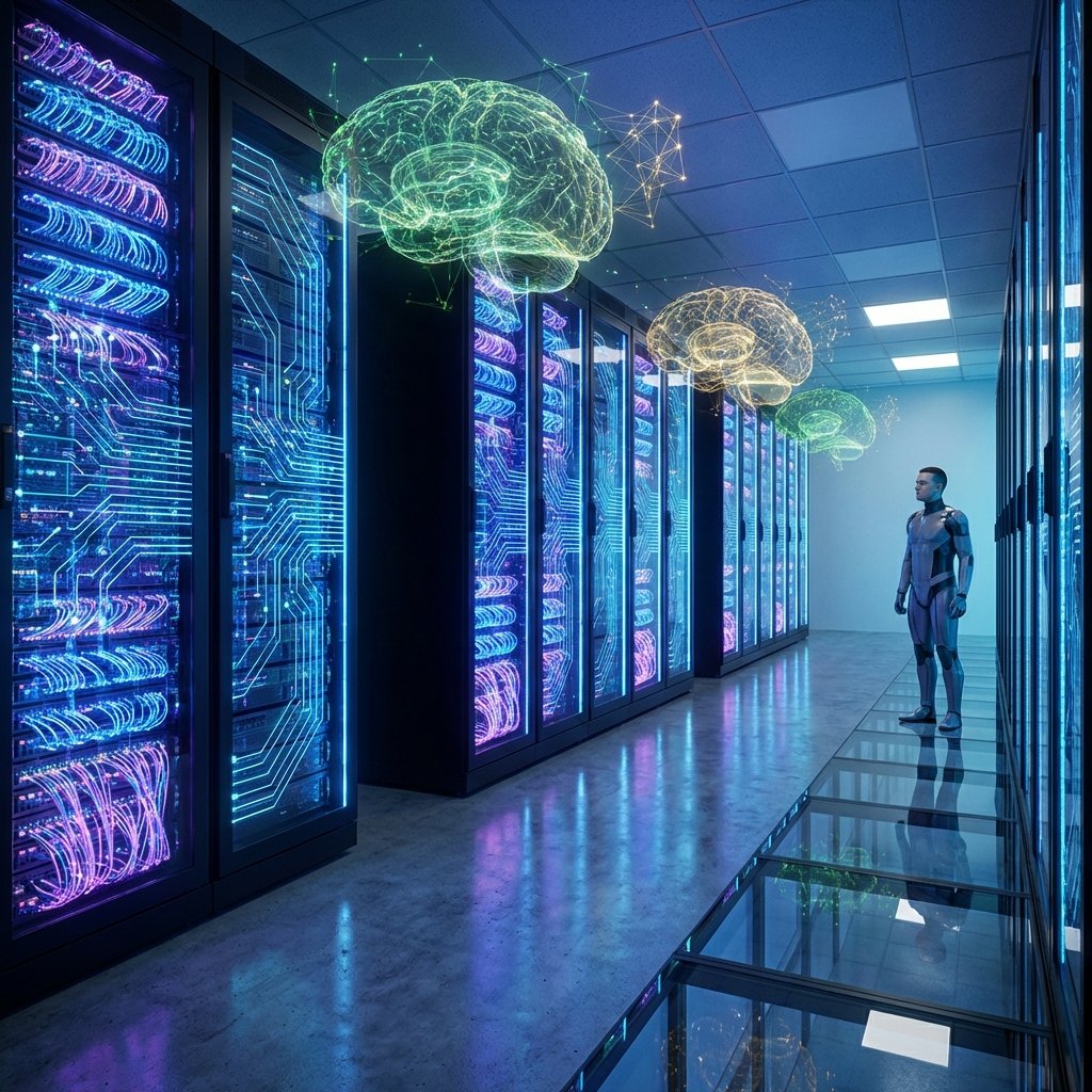 A futuristic server room with glowing fiber optic cables and digital neural network overlays, high contrast professional photography, 1:1 aspect ratio, no text.