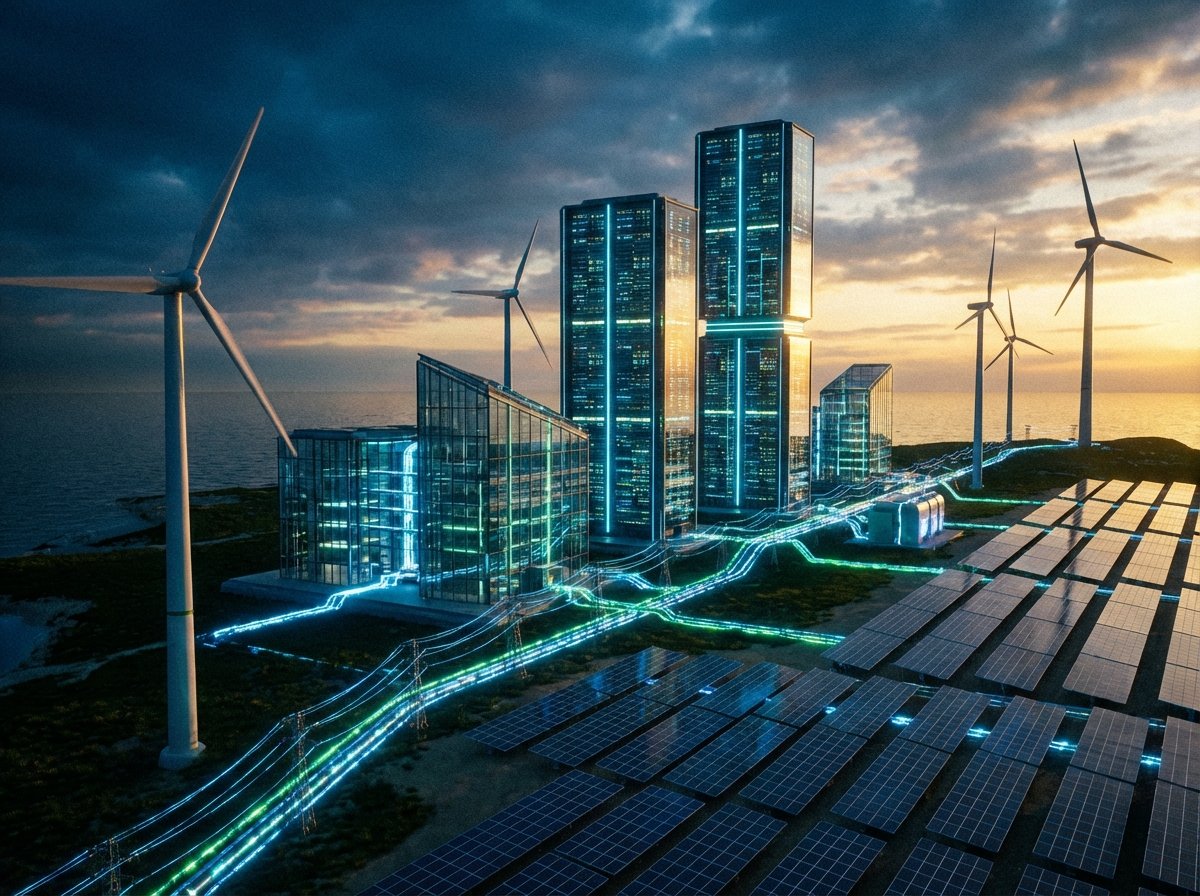 A futuristic AI data center integrated with glowing energy power lines and renewable energy sources like wind turbines and solar panels, cinematic lighting, 4:3 aspect ratio, high contrast, no text