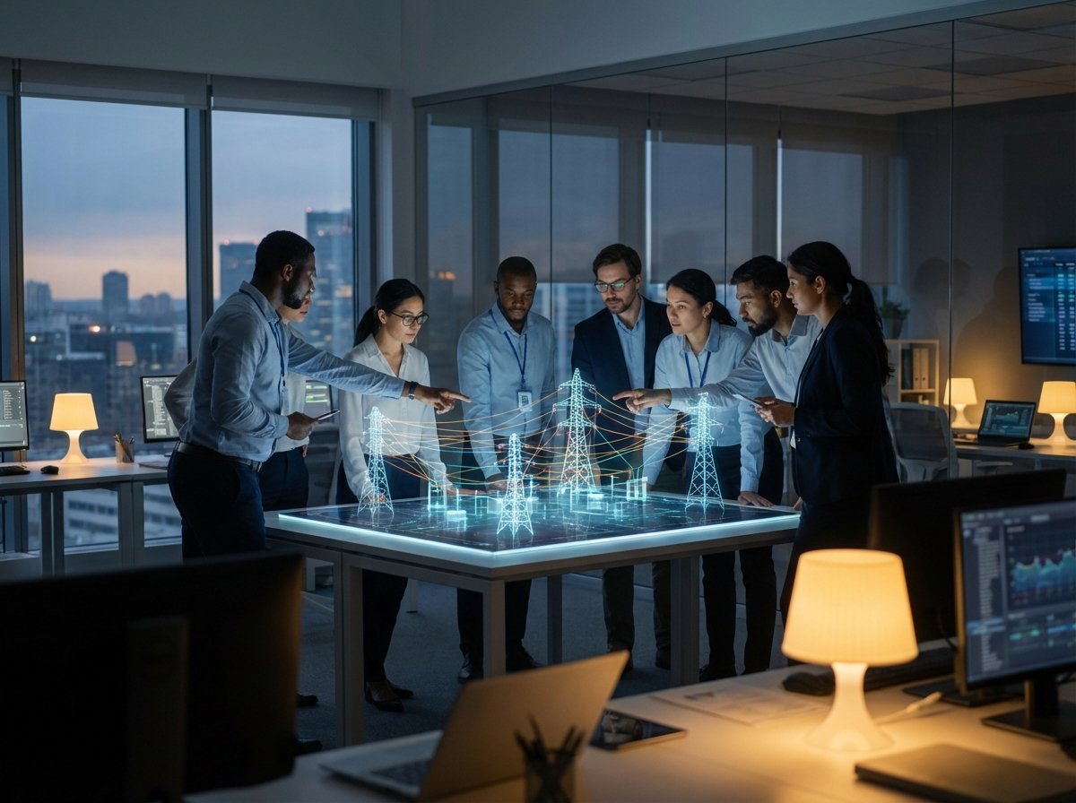 Professional energy experts and tech engineers discussing over a 3D hologram of a power grid in a modern high-tech office, cinematic lighting, realistic style, 4:3 aspect ratio, no text