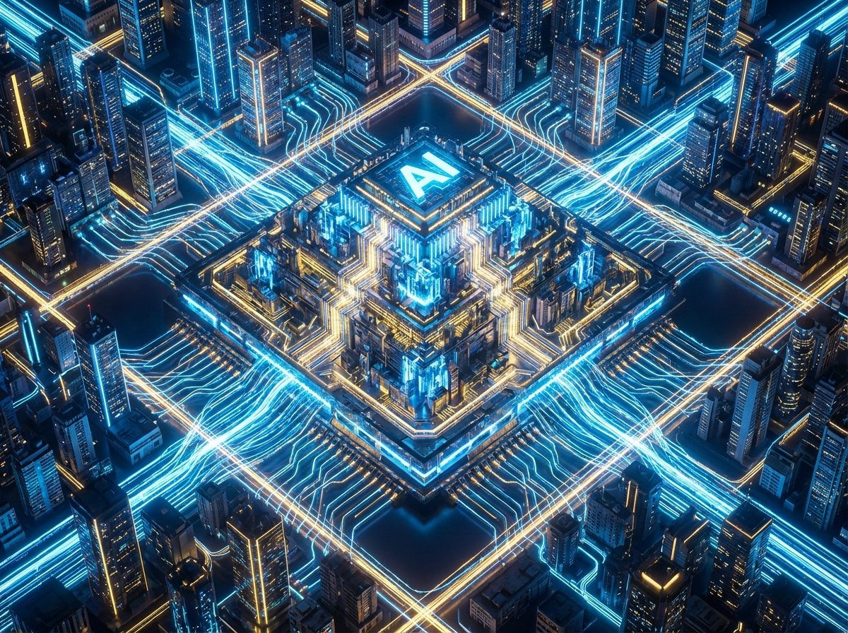 A creative visualization of a massive AI microchip connected to a glowing urban power grid, high-tech aesthetic, vibrant blue and gold colors, 4:3 aspect ratio, no text