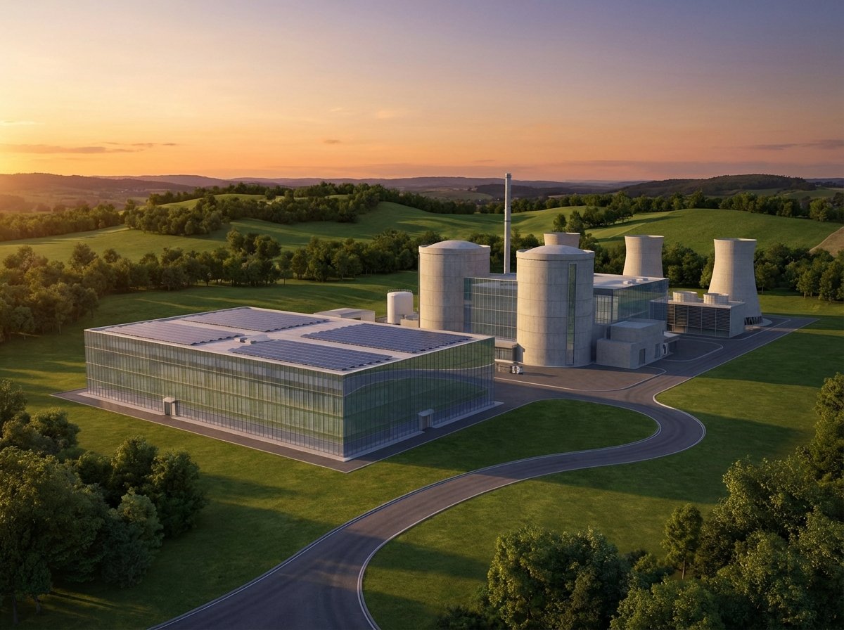 A clean and modern small modular nuclear reactor located next to a state of the art data center in a green landscape, sunset lighting, realistic architectural rendering, 4:3 aspect ratio, no text