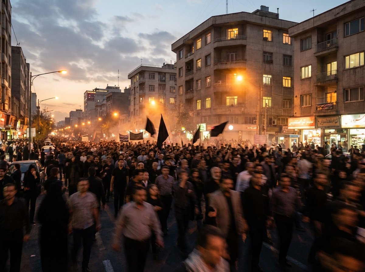 A dramatic scene of a street protest in Tehran at dusk, many people gathered with blurred movement, city buildings in the background, warm city lights mixed with cool evening shadows, photorealistic style, 4:3 aspect ratio, no text.