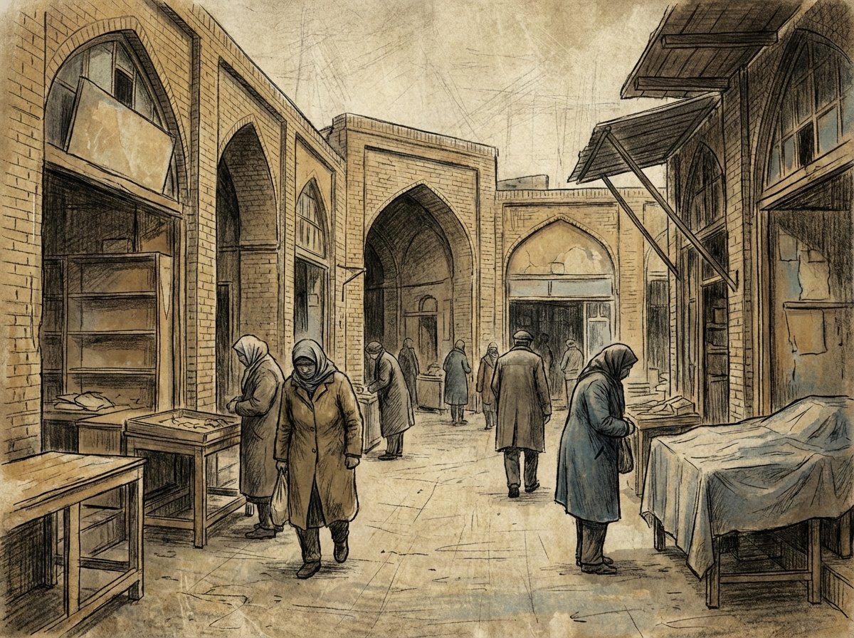 An artistic illustration of an Iranian city bazaar showing signs of economic hardship, muted colors, textured background, emotional atmosphere, 4:3 aspect ratio, no text.