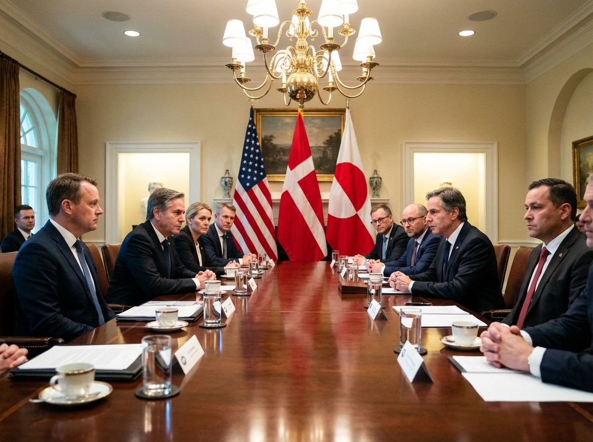 A high-stakes diplomatic meeting scene at the White House with officials from USA Denmark and Greenland looking serious around a mahogany table under bright indoor lighting 4:3 aspect ratio no text