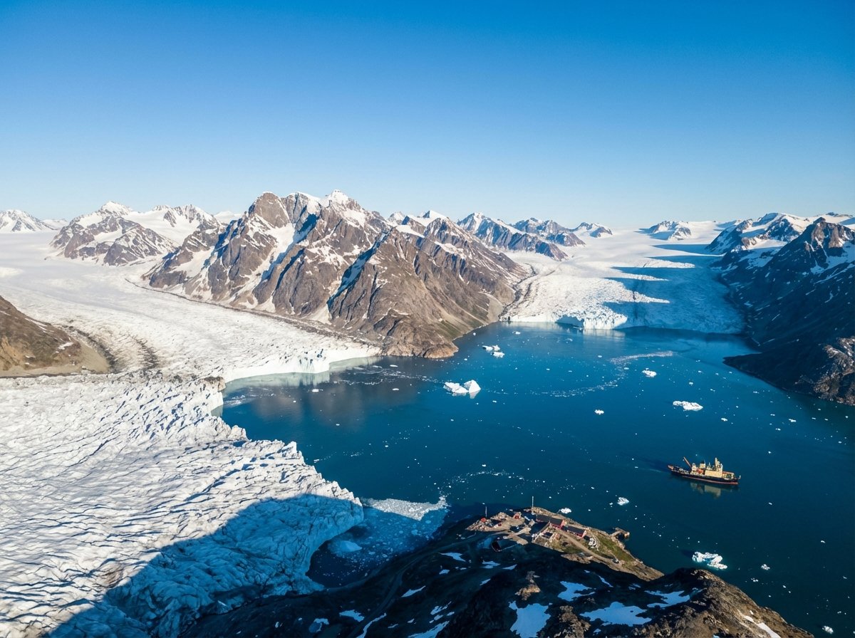 An aerial view of a majestic Greenland landscape with glaciers mountains and deep blue ocean under a clear sky representing strategic Arctic territory 4:3 aspect ratio no text