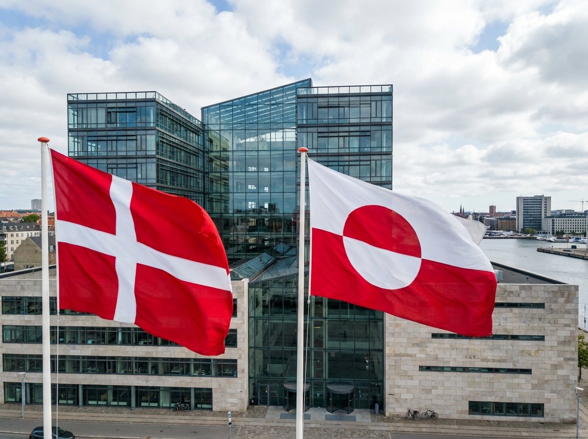 Two flags of Denmark and Greenland waving side by side against a background of a modern government building in Copenhagen 4:3 aspect ratio no text