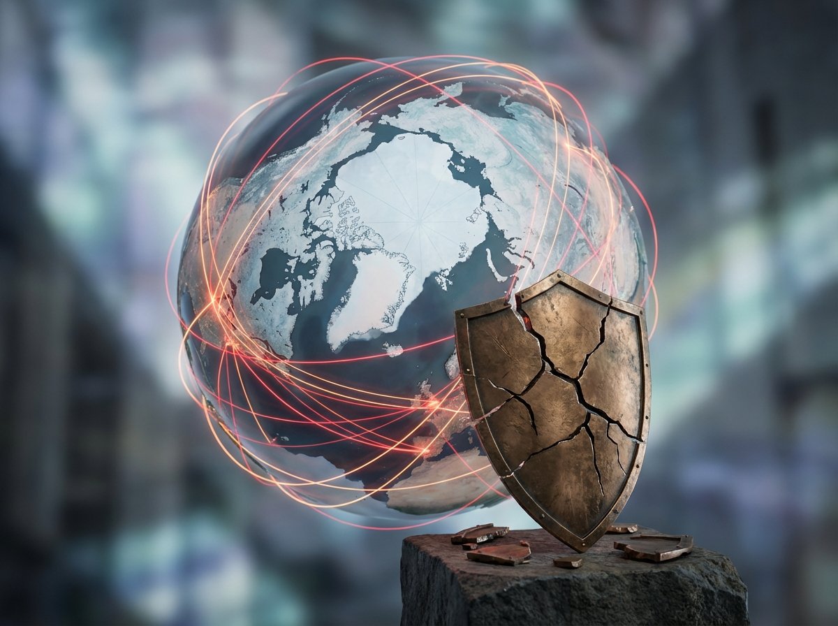 An abstract representation of diplomatic tension with a map of the Arctic region and a cracked shield symbolizing a challenge to international alliances 4:3 aspect ratio no text
