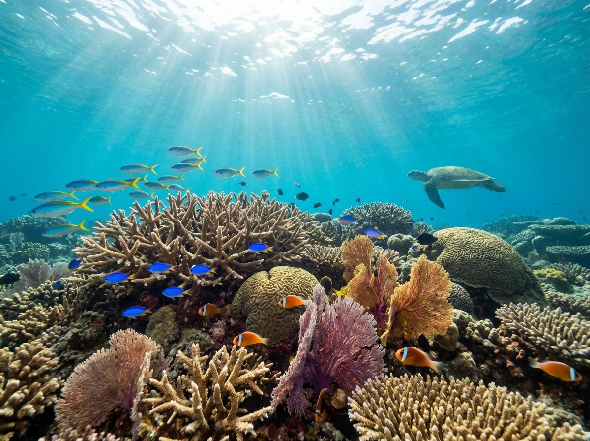 Underwater photography of vibrant coral reefs at Lord Howe Island, colorful tropical fish swimming in crystal clear turquoise water, sun rays piercing through the water, 4:3, no text