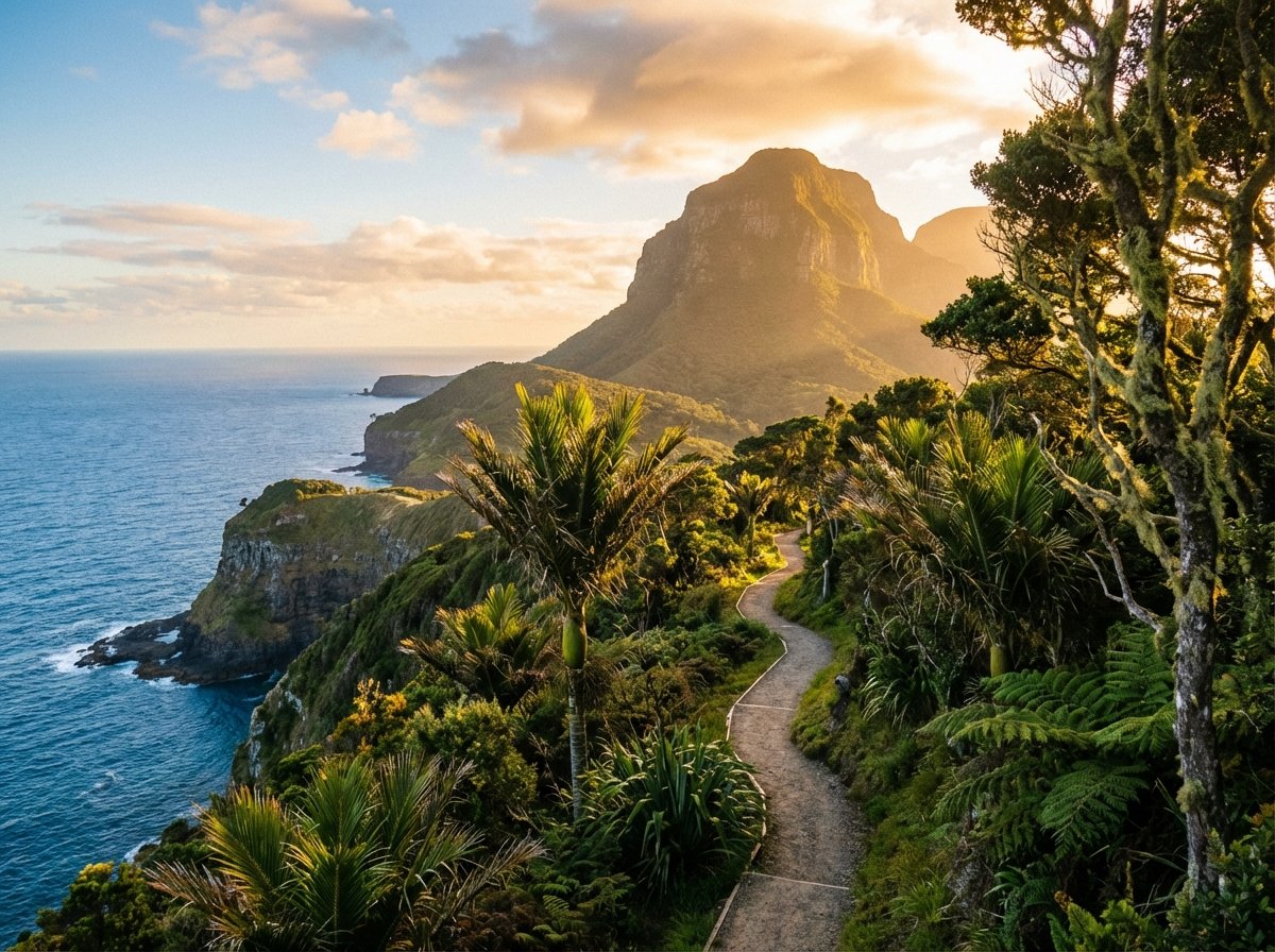 A scenic hiking trail leading towards the majestic Mount Gower on Lord Howe Island, coastal cliffs, lush green vegetation, blue ocean horizon, golden hour lighting, 4:3, no text