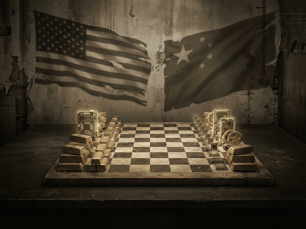 An artistic illustration of a chess board where pieces are replaced by gold bullion and high-tech components, with faint shadows of the US and China flags in the background, 4:3, no text, cinematic lighting