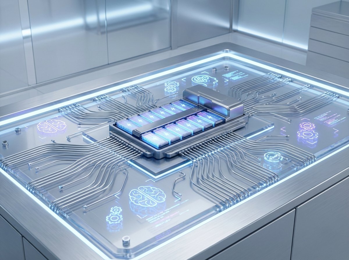 A futuristic concept image showing a silver-wired circuit board with glowing AI holographic icons and an electric vehicle battery, high-tech and clean aesthetic, 4:3, no text