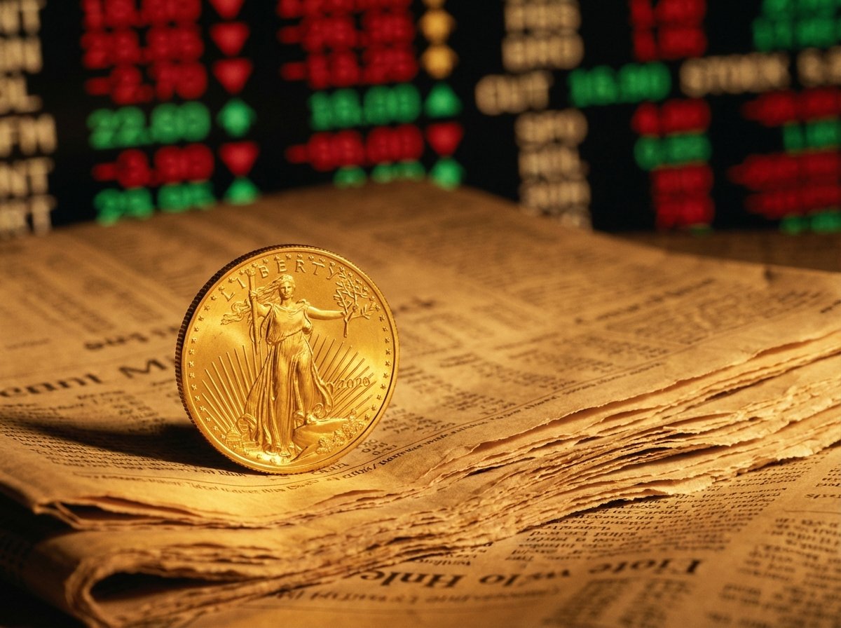 A macro shot of a single gold coin resting on a stack of financial newspapers, with a blurred stock market ticker screen in the background, warm gold lighting, 4:3, no text