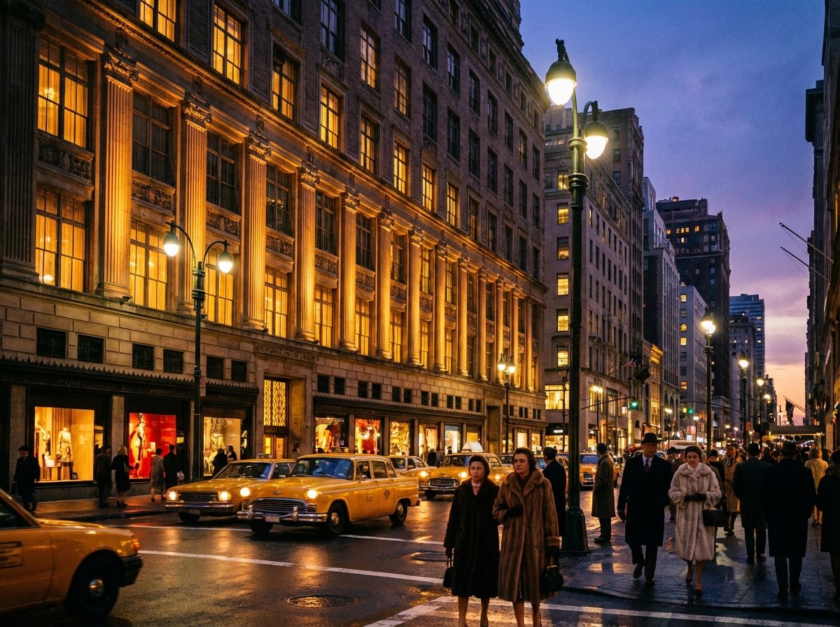 Cinematic shot of the iconic Saks Fifth Avenue flagship store in Manhattan at twilight, luxury atmosphere, elegant street lighting, New York City street scene, high quality photography, 4:3, no text