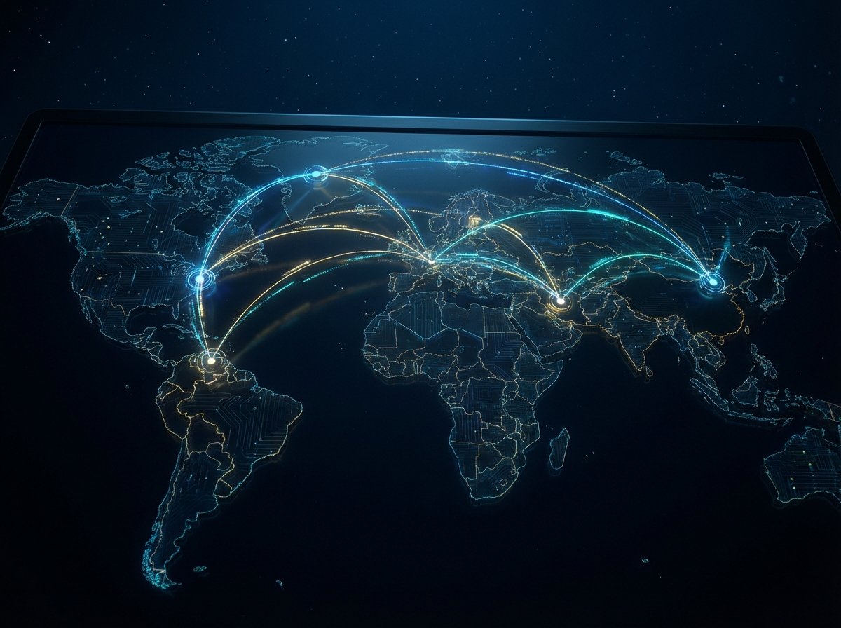 An abstract geopolitical map showing glowing connection lines between Washington DC, Greenland, Venezuela, Iran, and Beijing, dark blue background, high-tech digital aesthetic, cinematic lighting, 4:3, no text