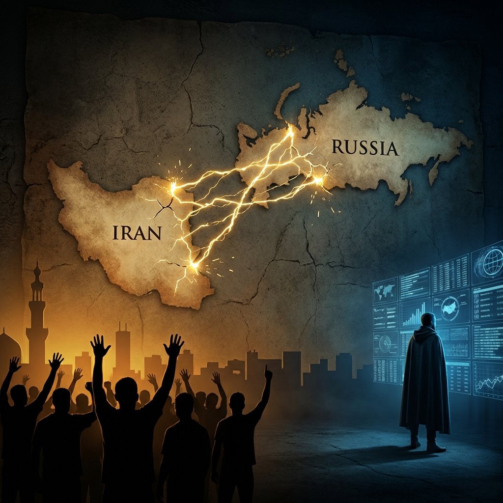 A dramatic conceptual illustration showing the map of Iran and Russia connected by golden energy lines that are cracking. In the background, a silhouette of a crowd in Tehran and a stoic figure in Moscow watching a wall of monitors. Professional cinematic lighting, high contrast, 1:1 aspect ratio, no text.