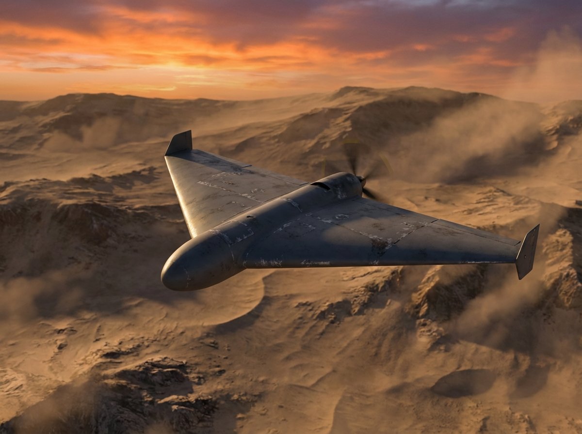 A highly detailed 3D rendering of a Shahed drone flying over a vast desert landscape under a sunset sky. The atmosphere is tense and cinematic. 4:3 aspect ratio, no text, realistic military aesthetic.