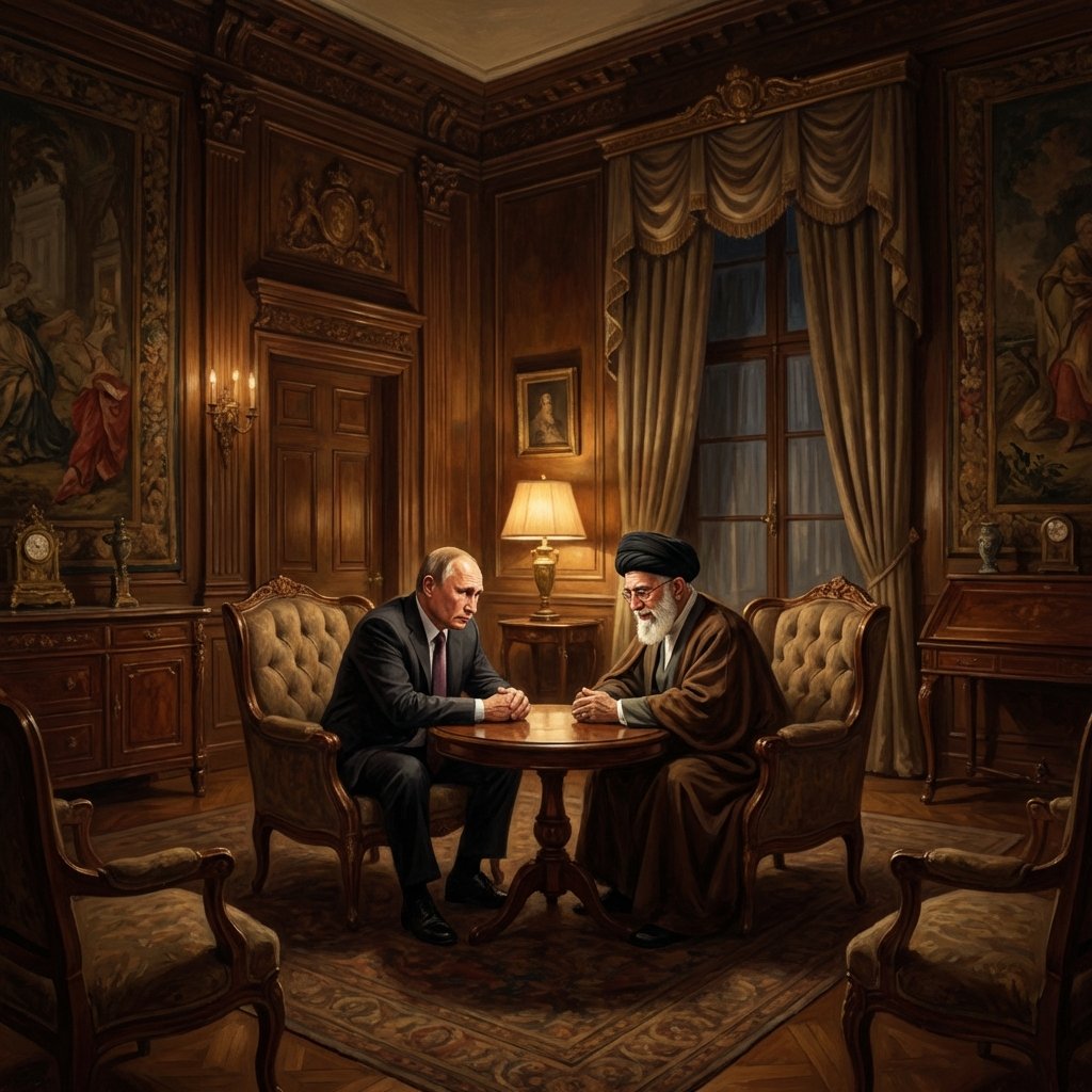 A painting-style illustration of Vladimir Putin and an Iranian leader sitting in a grand orante room, deep in serious conversation. The lighting is warm but heavy with shadows, suggesting a secret and gravity-filled meeting. 1:1 aspect ratio, no text.