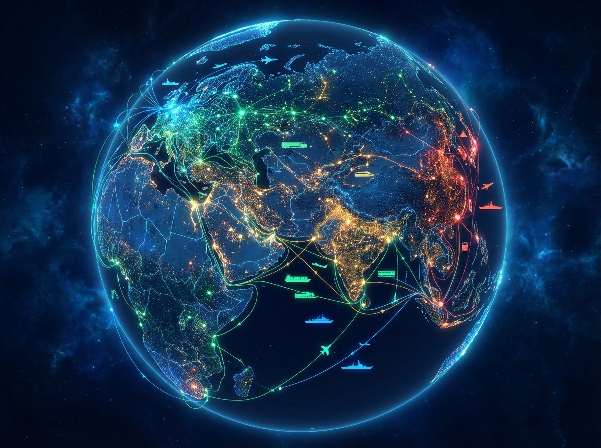 A sophisticated infographic-style illustration without text, showing a globe focused on Eurasia and the Middle East, with interconnected glowing nodes of trade and military influence. Vibrant colors with a dark blue background. 4:3 aspect ratio.