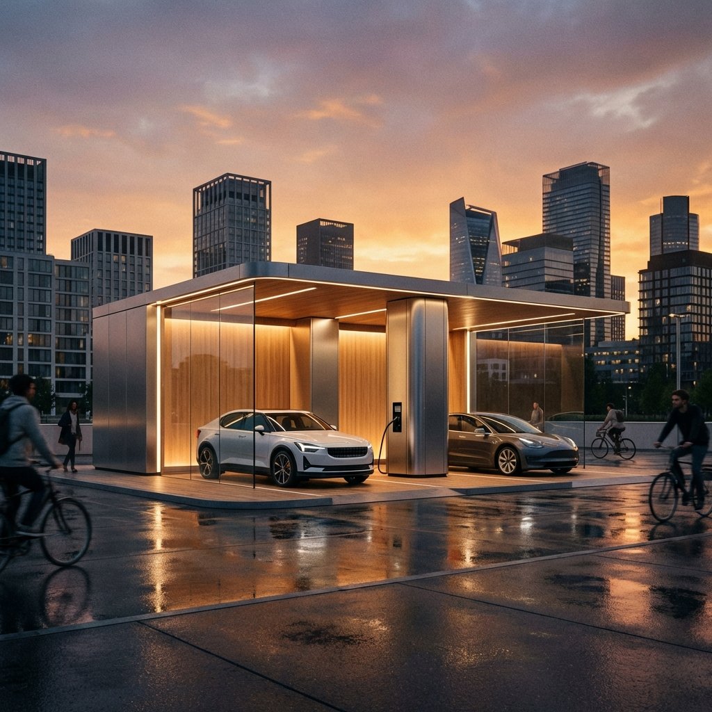 An electric vehicle charging station in a modern city during sunset, clean lines, professional photography style, 1:1 aspect ratio, no text.